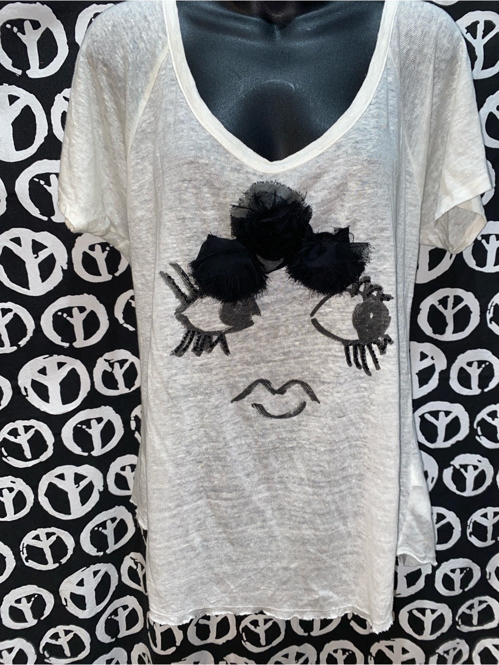 ZARA 100% LINEN TEE WHITE/BLACK W/GRAPHIC FACE SZ L